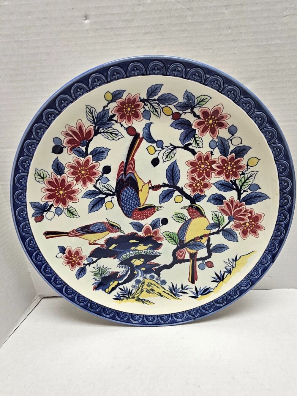 Vintage Asian Hand Painted Ceramic Platter Floral Birds Peacock Plate ~14"